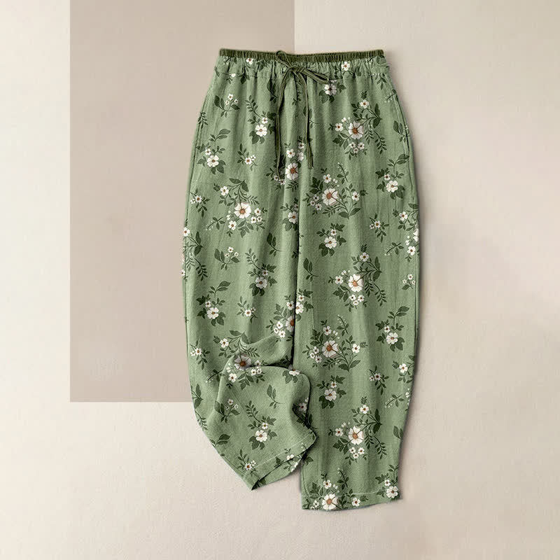 Buddha Stones Pantaloni da donna in puro cotone con elastico in vita e stampa floreale a piccoli motivi, con tasche. - Verde Mare Scuro - US16, UK/AU20, EU48 (3XL) - image 0