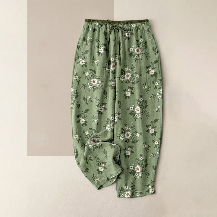 Buddha Stones Pantaloni da donna in puro cotone con elastico in vita e stampa floreale a piccoli motivi, con tasche. - Verde Mare Scuro - US16, UK/AU20, EU48 (3XL) - image 0