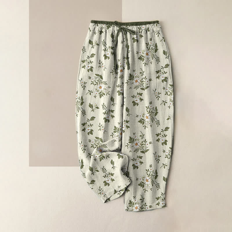 Buddha Stones Pantaloni da donna in puro cotone con elastico in vita e stampa floreale a piccoli motivi, con tasche. - Beige - US16, UK/AU20, EU48 (3XL) - image 3