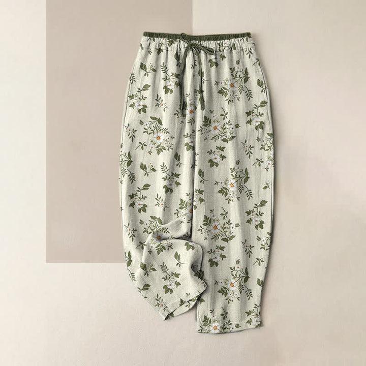 Buddha Stones Pantaloni da donna in puro cotone con elastico in vita e stampa floreale a piccoli motivi, con tasche. - Beige - US16, UK/AU20, EU48 (3XL) - image 3