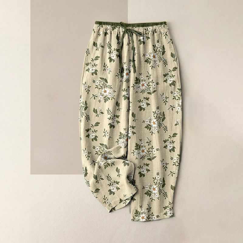 Buddha Stones Pantaloni da donna in puro cotone con elastico in vita e stampa floreale a piccoli motivi, con tasche. - Verga d'oro pallida - US16, UK/AU20, EU48 (3XL) - image 6