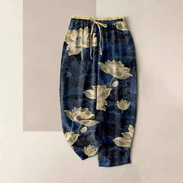 Buddha Stones Pantaloni da donna in puro cotone con elastico in vita e motivo a loto, con tasche. - Blu scuro - US16, UK/AU20, EU48 (3XL) - image 0