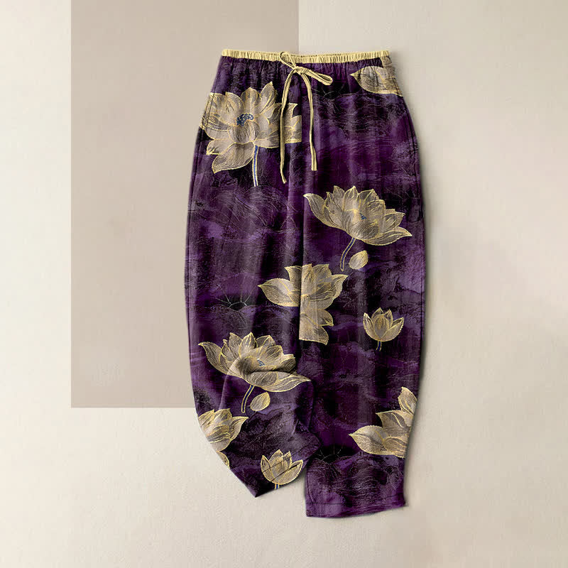 Buddha Stones Pantaloni da donna in puro cotone con elastico in vita e motivo a loto, con tasche. - Viola - US16, UK/AU20, EU48 (3XL) - image 4
