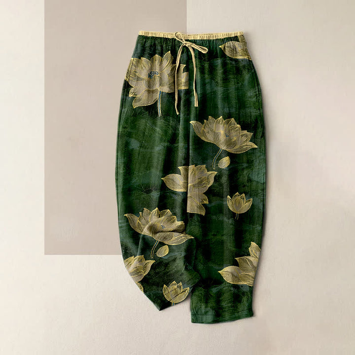 Buddha Stones Pantaloni da donna in puro cotone con elastico in vita e motivo a loto, con tasche. - Verde scuro - US16, UK/AU20, EU48 (3XL) - image 8