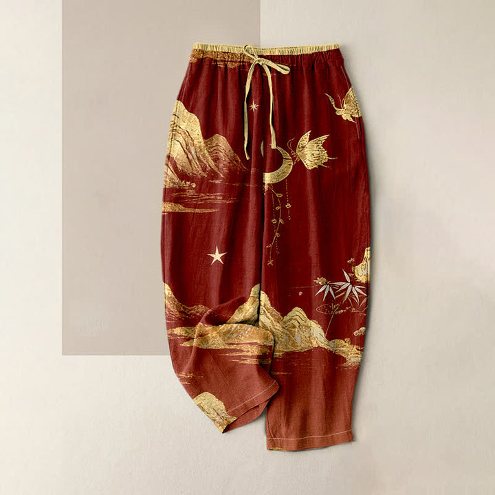 Buddha Stones Pantaloni da donna in cotone con elastico in vita e tasche, fantasia montagna, luna e farfalla. - Rosso scuro - US16, UK/AU20, EU48 (3XL) - image 3