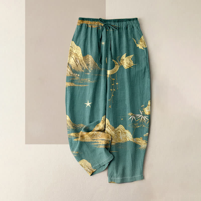 Buddha Stones Pantaloni da donna in cotone con elastico in vita e tasche, fantasia montagna, luna e farfalla. - Verde Mare Chiaro - US16, UK/AU20, EU48 (3XL) - image 0