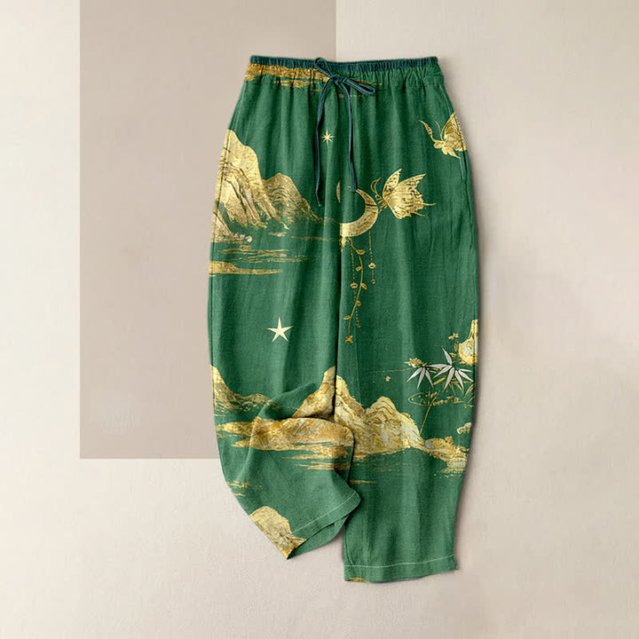 Buddha Stones Pantaloni da donna in cotone con elastico in vita e tasche, fantasia montagna, luna e farfalla. - Verde medio del mare - US16, UK/AU20, EU48 (3XL) - image 6