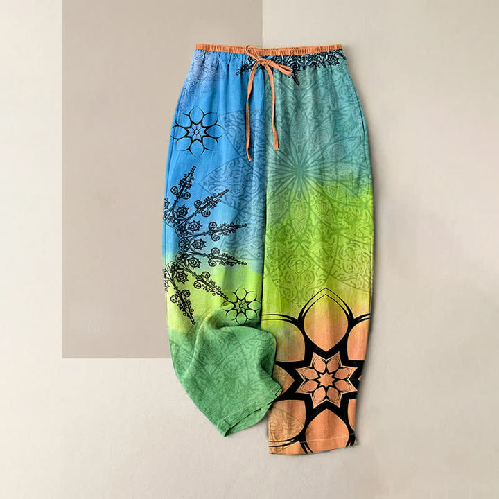 Buddha Stones Pantaloni da donna in cotone con stampa sfumata mandala, elastico in vita e tasche. - Verde lime - US16, UK/AU20, EU48 (3XL) - image 0