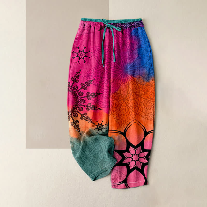 Buddha Stones Pantaloni da donna in cotone con stampa sfumata mandala, elastico in vita e tasche. - Rosa intenso - US16, UK/AU20, EU48 (3XL) - image 3