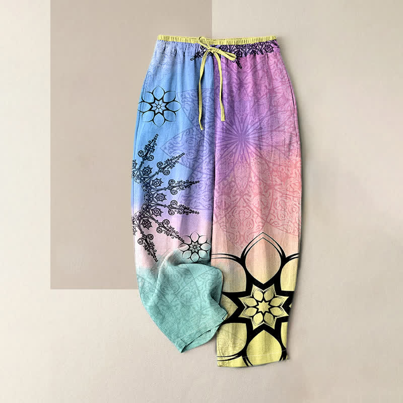 Buddha Stones Pantaloni da donna in cotone con stampa sfumata mandala, elastico in vita e tasche. - Prugna - US16, UK/AU20, EU48 (3XL) - image 6