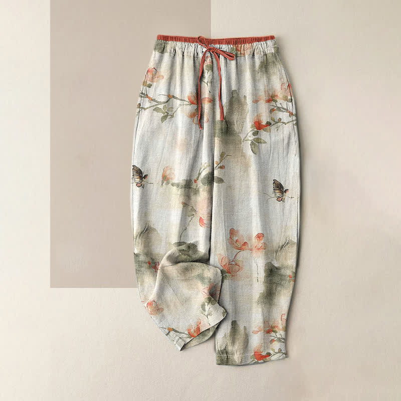 Buddha Stones Pantaloni da donna in puro cotone con stampa a farfalle e fiori, con tasche. - Biancheria - US16, UK/AU20, EU48 (3XL) - image 0