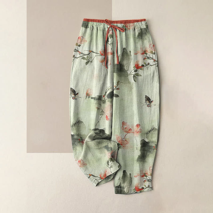 Buddha Stones Pantaloni da donna in puro cotone con stampa a farfalle e fiori, con tasche. - Melata - US16, UK/AU20, EU48 (3XL) - image 3