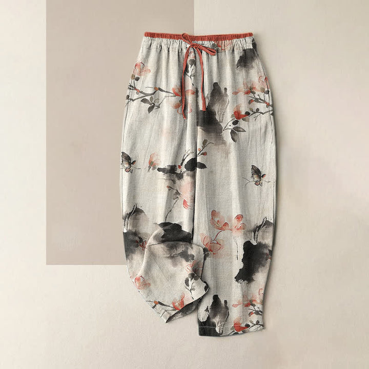 Buddha Stones Pantaloni da donna in puro cotone con stampa a farfalle e fiori, con tasche. - Gainsboro - US16, UK/AU20, EU48 (3XL) - image 6