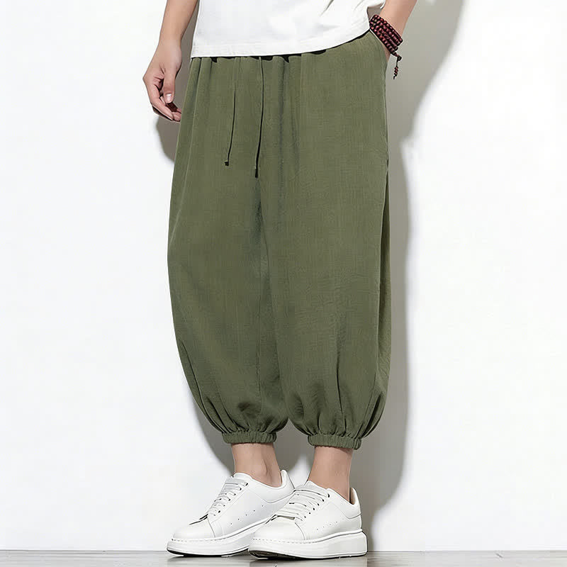 Buddha Stones Pantaloni capri harem da uomo primaverili a tinta unita con coulisse e elastico in vita. - Verde oliva scuro - US/UK/AU46, EU56 (5XL) - image 0