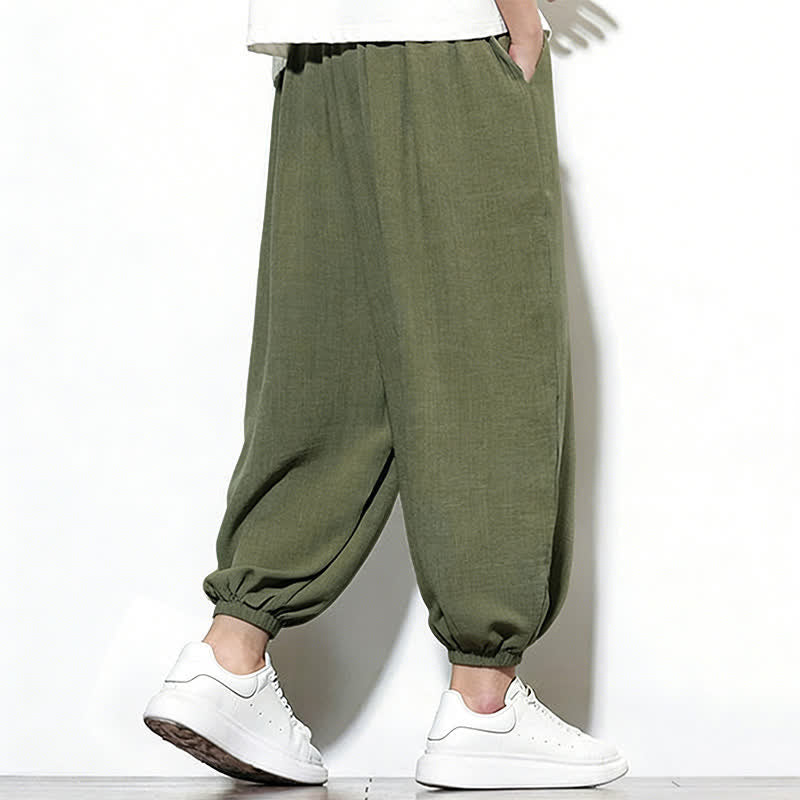 Buddha Stones Pantaloni capri harem da uomo primaverili a tinta unita con coulisse e elastico in vita. - image 4