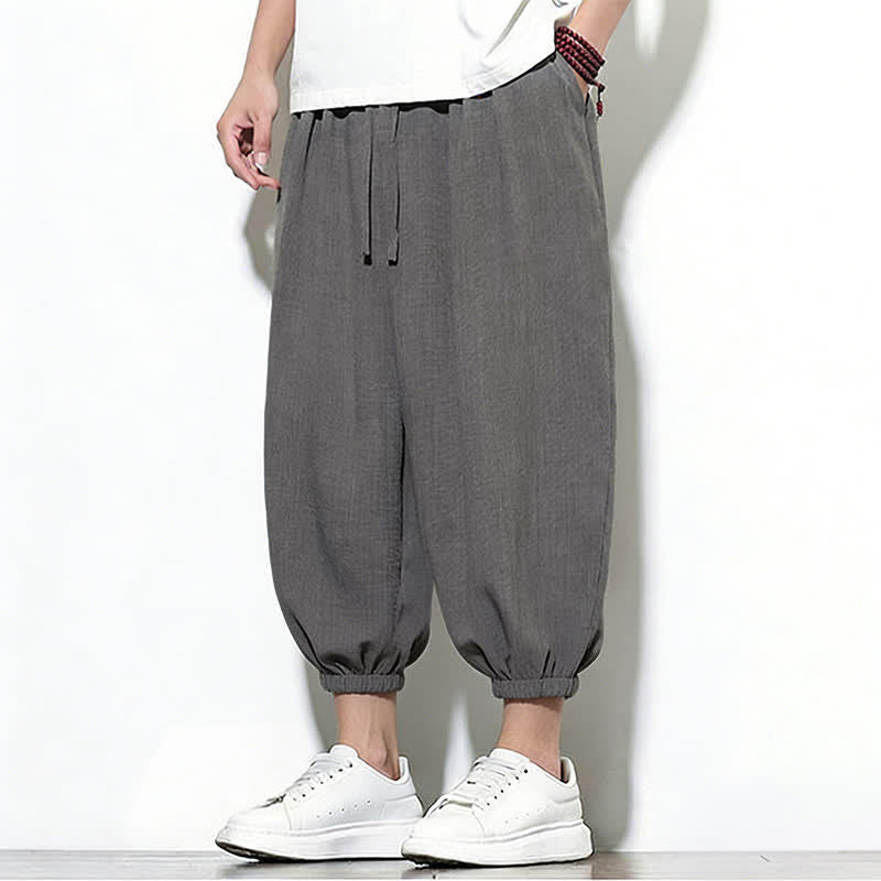 Buddha Stones Pantaloni capri harem da uomo primaverili a tinta unita con coulisse e elastico in vita. - image 10