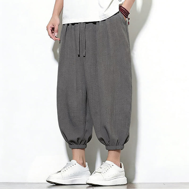 Buddha Stones Pantaloni capri harem da uomo primaverili a tinta unita con coulisse e elastico in vita. - image 10