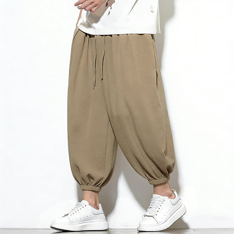 Buddha Stones Pantaloni capri harem da uomo primaverili a tinta unita con coulisse e elastico in vita. - image 32