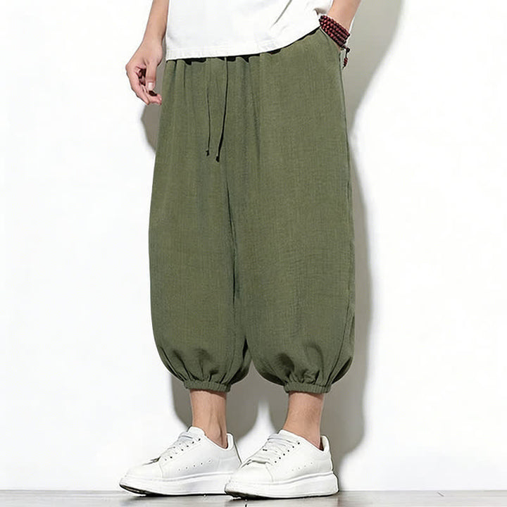 Buddha Stones Pantaloni capri harem da uomo primaverili a tinta unita con coulisse e elastico in vita. - image 3