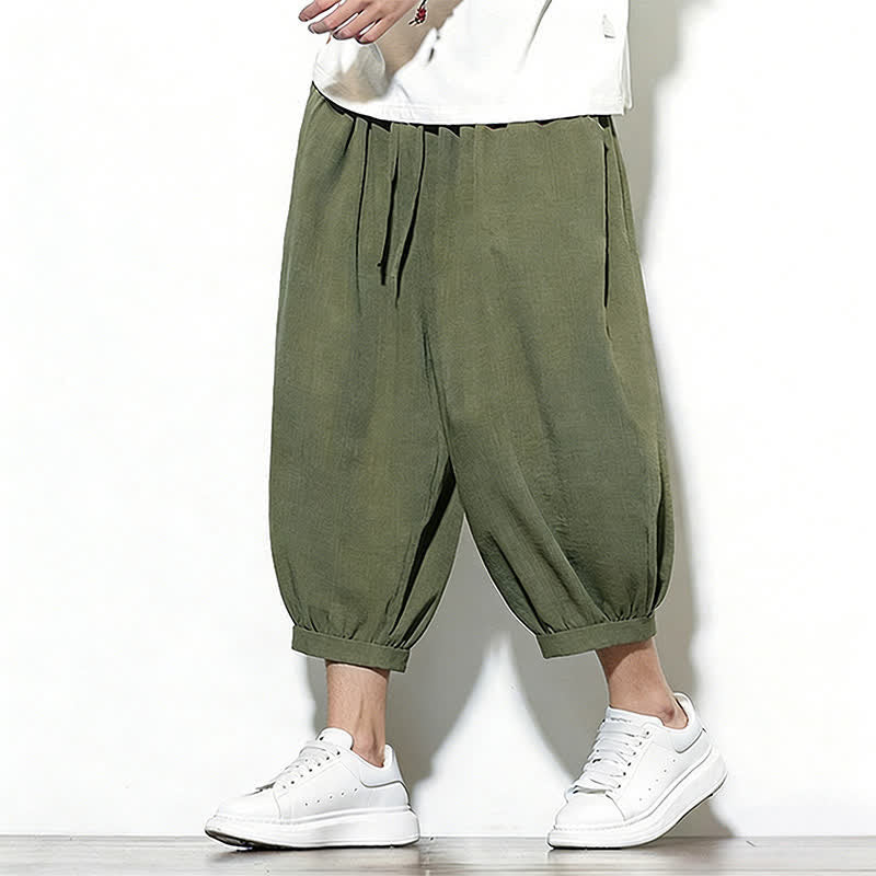 Buddha Stones Pantaloni capri harem da uomo primaverili a tinta unita con coulisse e elastico in vita. - image 1