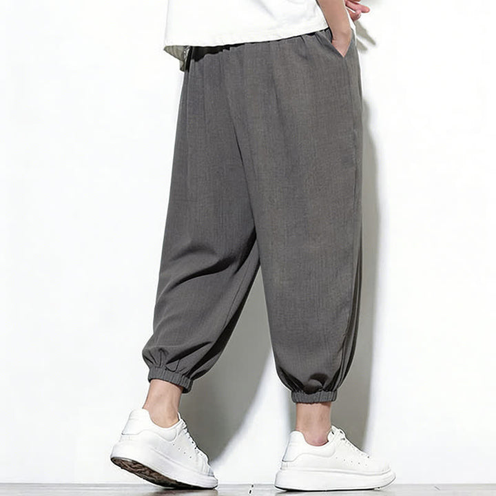 Buddha Stones Pantaloni capri harem da uomo primaverili a tinta unita con coulisse e elastico in vita. - image 14