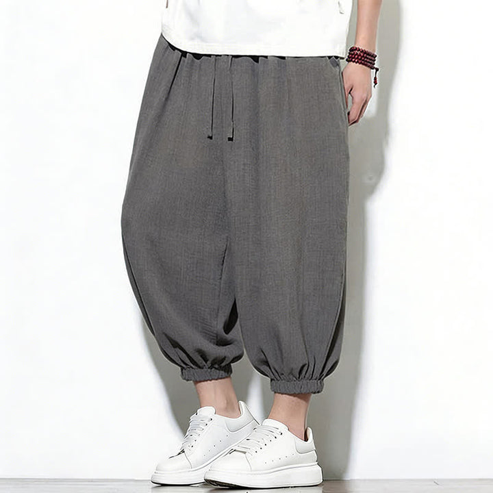 Buddha Stones Pantaloni capri harem da uomo primaverili a tinta unita con coulisse e elastico in vita. - Grigio tenue - US/UK/AU46, EU56 (5XL) - image 9