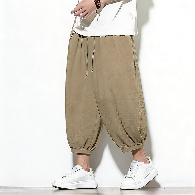 Buddha Stones Pantaloni capri harem da uomo primaverili a tinta unita con coulisse e elastico in vita. - Tan - US/UK/AU46, EU56 (5XL) - image 28