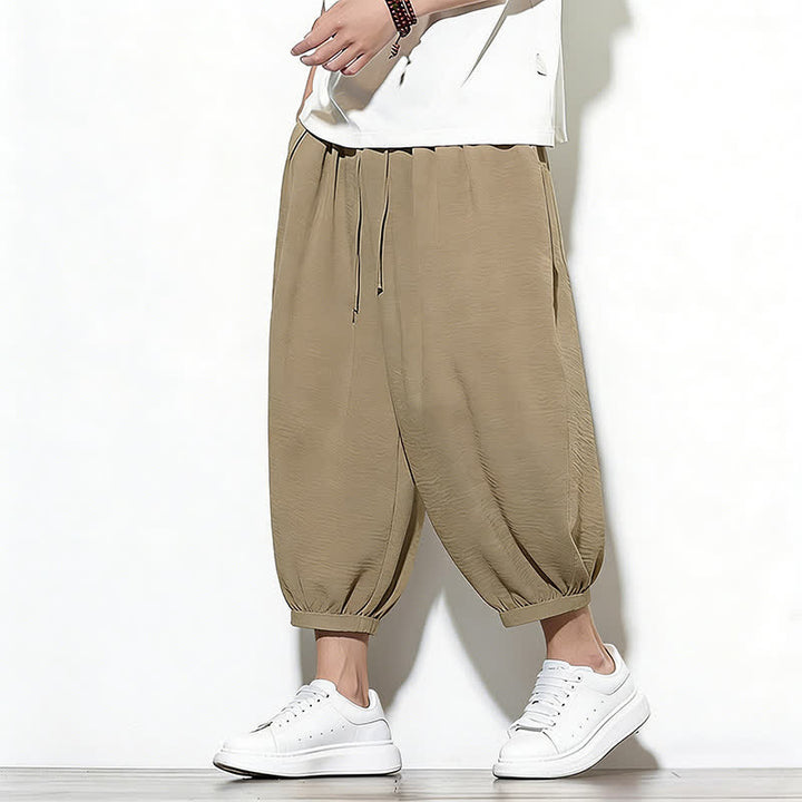 Buddha Stones Pantaloni capri harem da uomo primaverili a tinta unita con coulisse e elastico in vita. - Tan - US/UK/AU46, EU56 (5XL) - image 28
