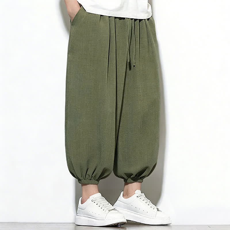 Buddha Stones Pantaloni capri harem da uomo primaverili a tinta unita con coulisse e elastico in vita. - image 2