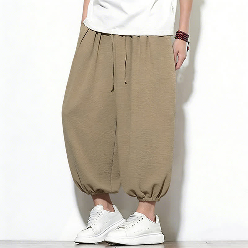 Buddha Stones Pantaloni capri harem da uomo primaverili a tinta unita con coulisse e elastico in vita. - image 35