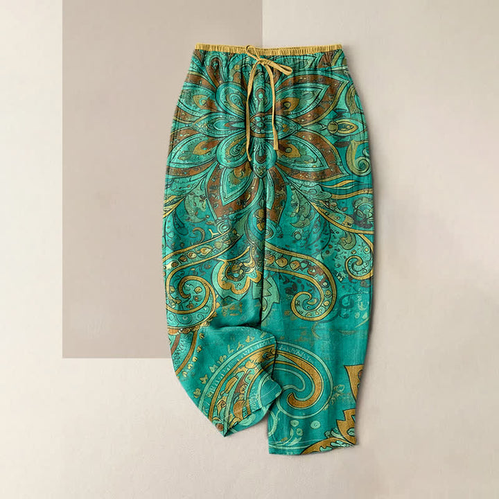 Buddha Stones Pantaloni da donna in cotone con elastico in vita e motivo paisley mandala, con tasche. - Verde Mare Chiaro - US16, UK/AU20, EU48 (3XL) - image 0