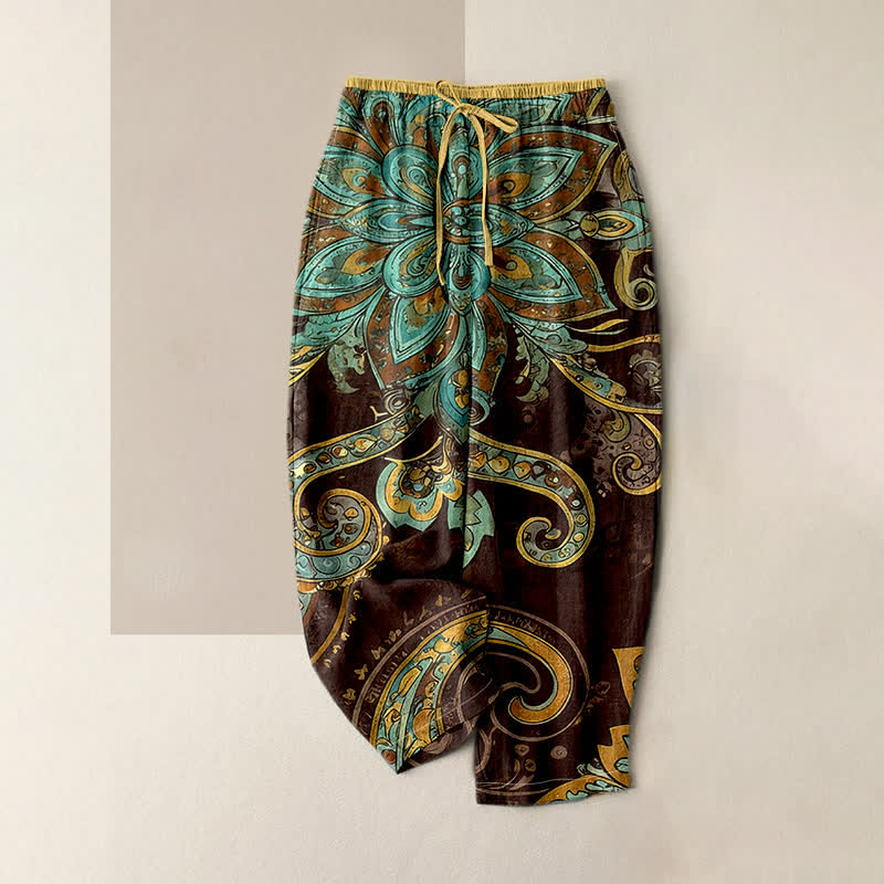 Buddha Stones Pantaloni da donna in cotone con elastico in vita e motivo paisley mandala, con tasche. - Marrone sella - US16, UK/AU20, EU48 (3XL) - image 3