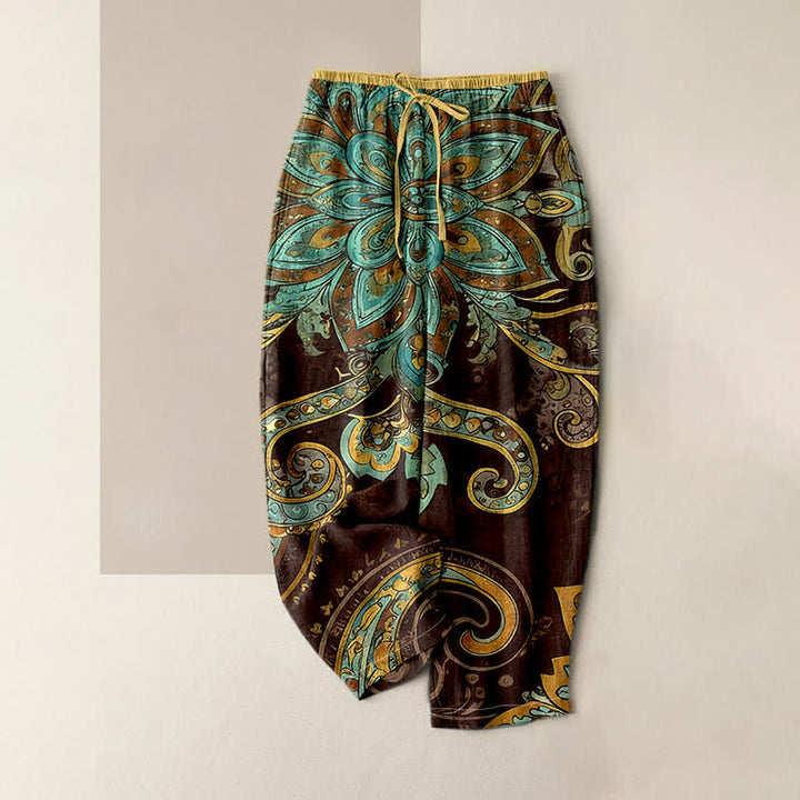 Buddha Stones Pantaloni da donna in cotone con elastico in vita e motivo paisley mandala, con tasche. - Marrone sella - US16, UK/AU20, EU48 (3XL) - image 3