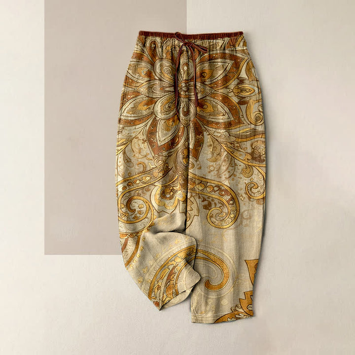 Buddha Stones Pantaloni da donna in cotone con elastico in vita e motivo paisley mandala, con tasche. - Verga d'oro pallida - US16, UK/AU20, EU48 (3XL) - image 6