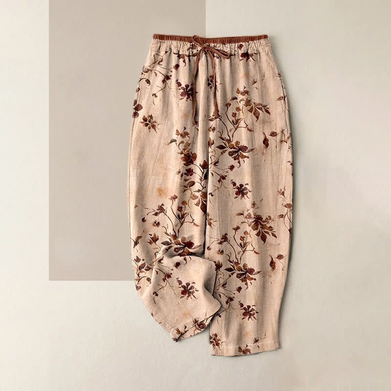 Buddha Stones Pantaloni da donna in puro cotone con elastico in vita e tasche, fantasia retrò a rami e fiori. - PeachPuff - US16, UK/AU20, EU48 (3XL) - image 6