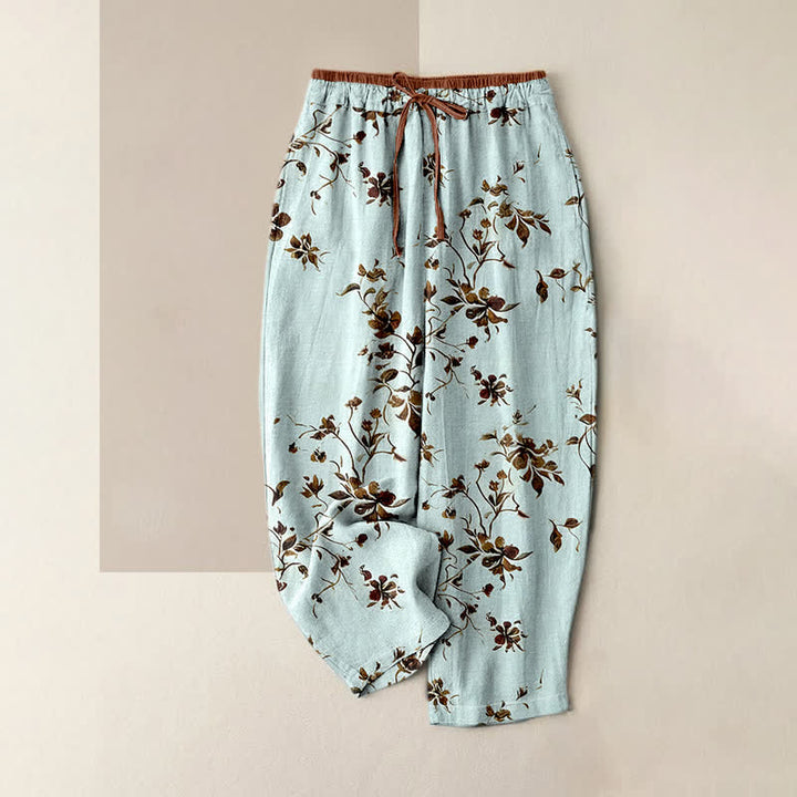 Buddha Stones Pantaloni da donna in puro cotone con elastico in vita e tasche, fantasia retrò a rami e fiori. - Ciano chiaro - US16, UK/AU20, EU48 (3XL) - image 3