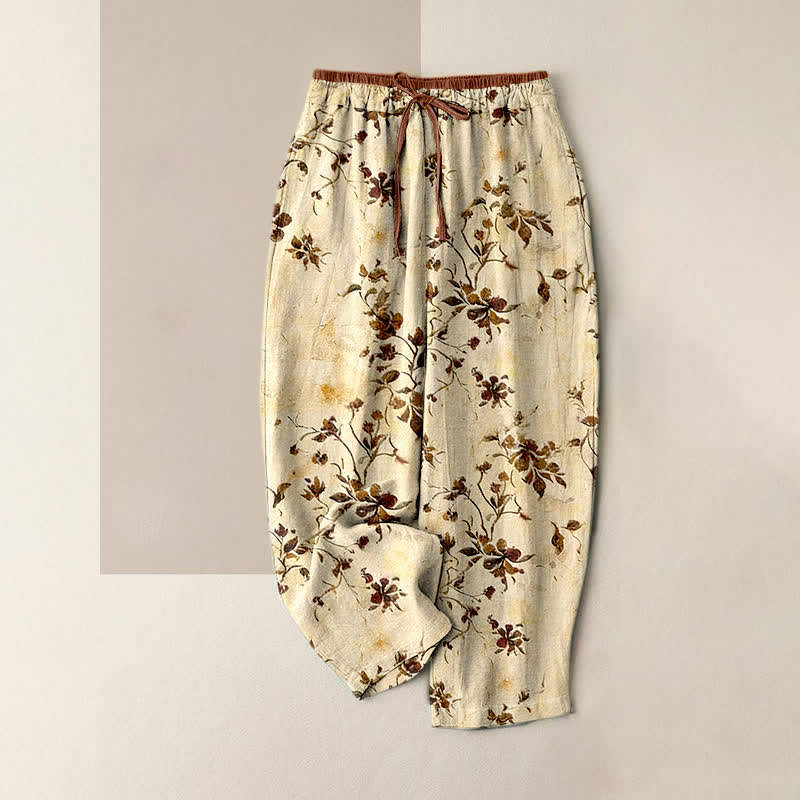 Buddha Stones Pantaloni da donna in puro cotone con elastico in vita e tasche, fantasia retrò a rami e fiori. - LemonChiffon - US16, UK/AU20, EU48 (3XL) - image 0