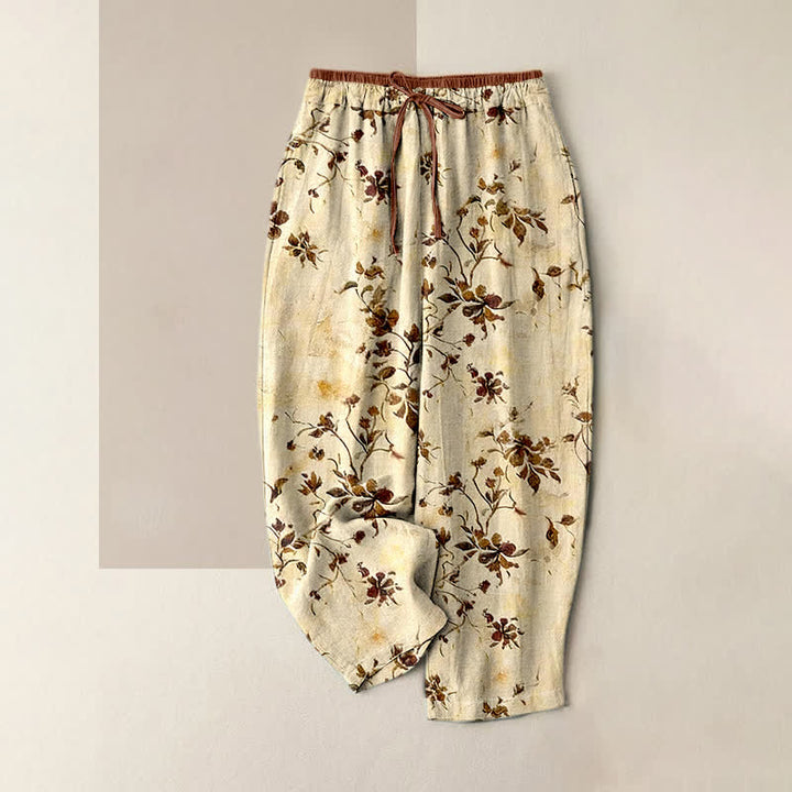 Buddha Stones Pantaloni da donna in puro cotone con elastico in vita e tasche, fantasia retrò a rami e fiori. - LemonChiffon - US16, UK/AU20, EU48 (3XL) - image 0