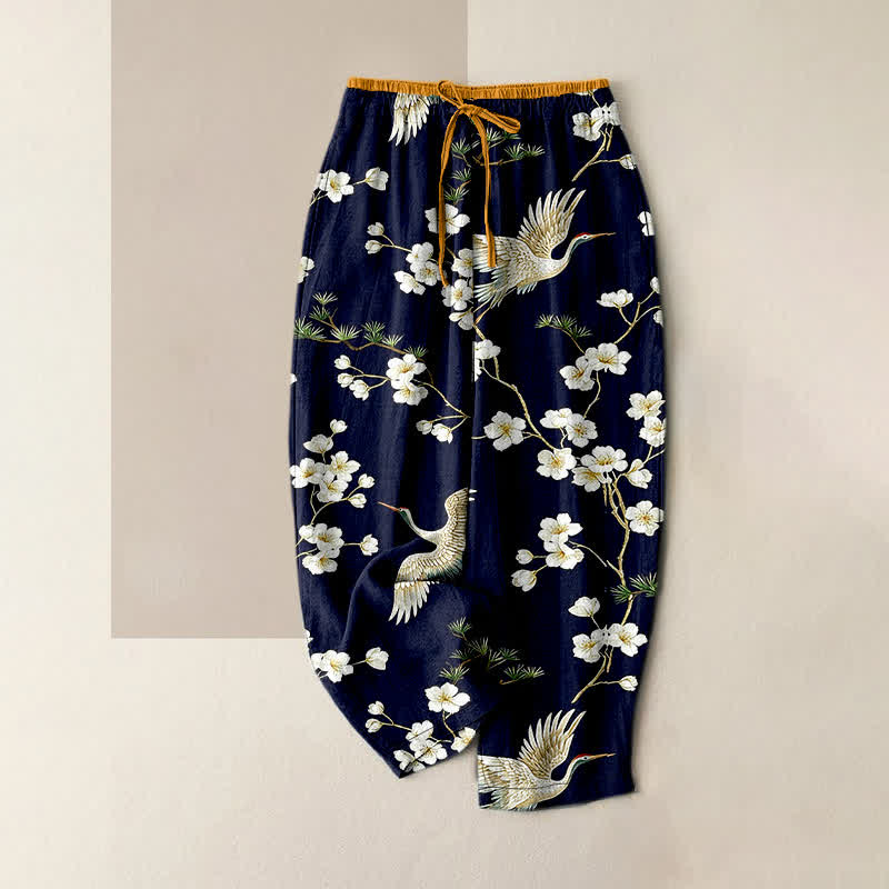 Buddha Stones Pantaloni da donna in puro cotone con elastico in vita e tasche, fantasia "Crane Plum Blossom". - Blu notte - US16, UK/AU20, EU48 (3XL) - image 0