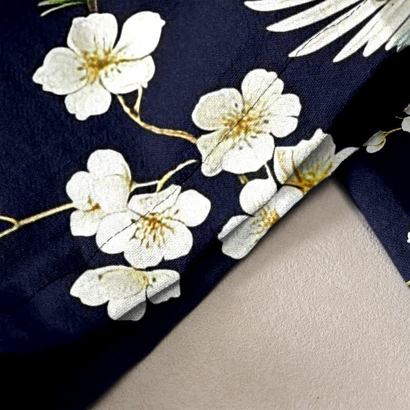 Buddha Stones Pantaloni da donna in puro cotone con elastico in vita e tasche, fantasia "Crane Plum Blossom". - image 2