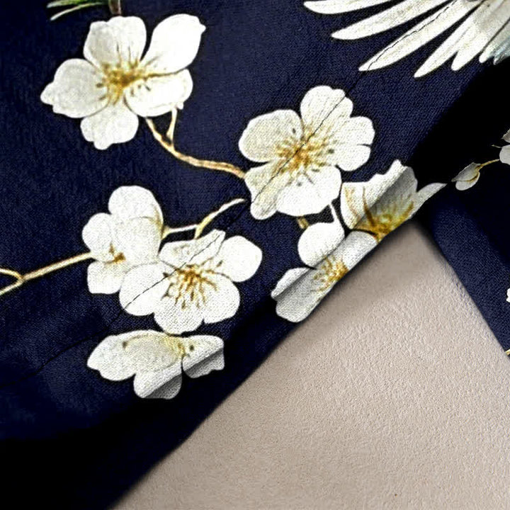 Buddha Stones Pantaloni da donna in puro cotone con elastico in vita e tasche, fantasia "Crane Plum Blossom". - image 2
