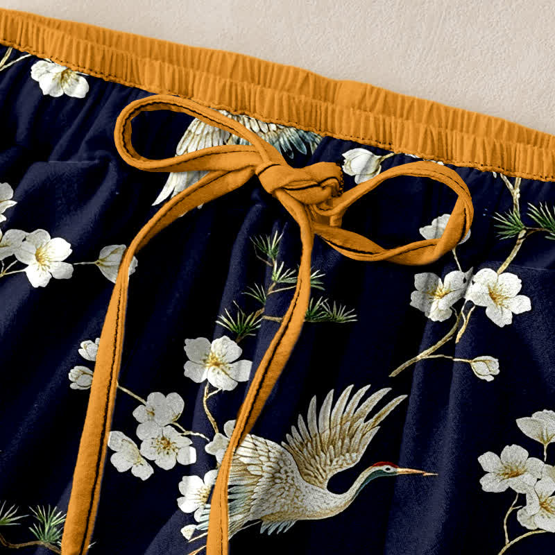 Buddha Stones Pantaloni da donna in puro cotone con elastico in vita e tasche, fantasia "Crane Plum Blossom". - image 1