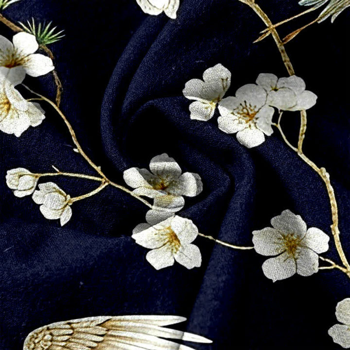 Buddha Stones Pantaloni da donna in puro cotone con elastico in vita e tasche, fantasia "Crane Plum Blossom". - image 3