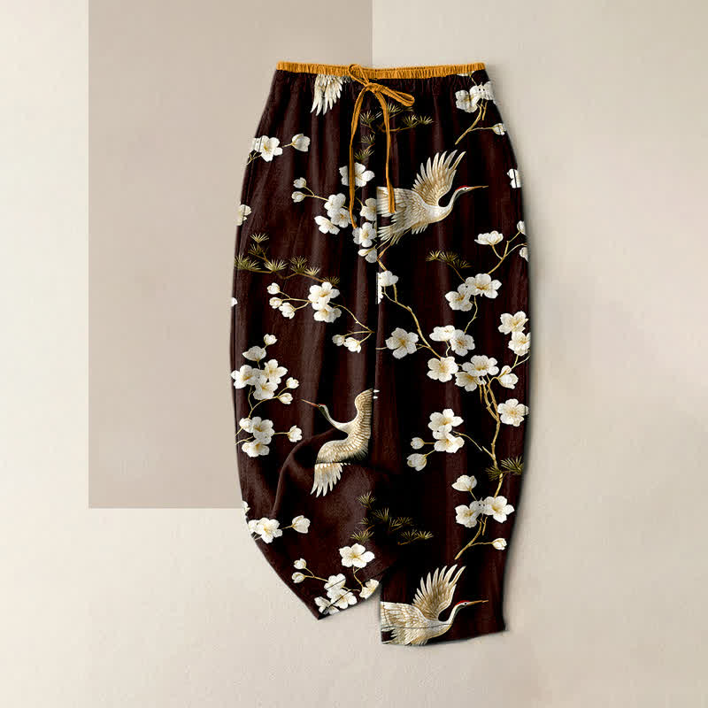 Buddha Stones Pantaloni da donna in puro cotone con elastico in vita e tasche, fantasia "Crane Plum Blossom". - Marrone - US16, UK/AU20, EU48 (3XL) - image 4