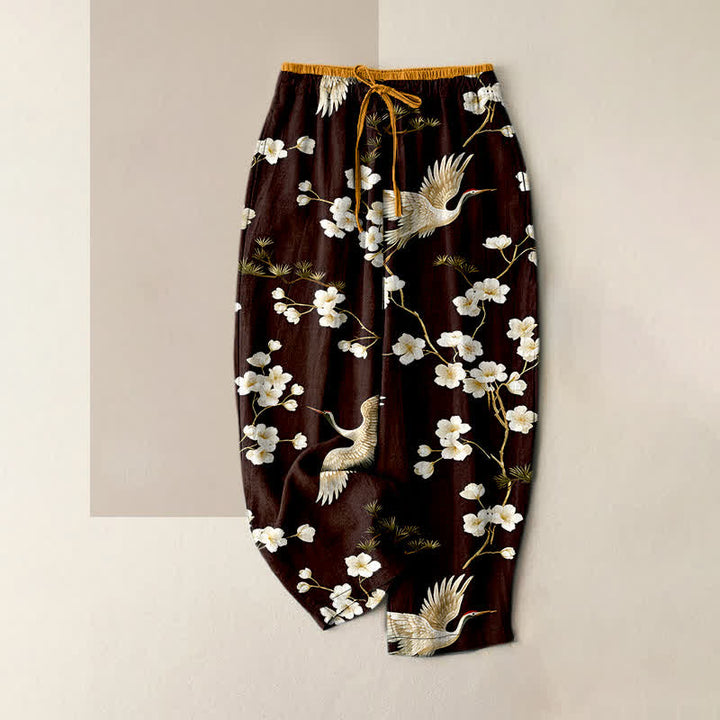 Buddha Stones Pantaloni da donna in puro cotone con elastico in vita e tasche, fantasia "Crane Plum Blossom". - Marrone - US16, UK/AU20, EU48 (3XL) - image 4