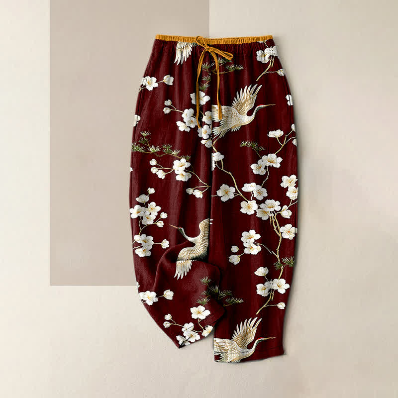 Buddha Stones Pantaloni da donna in puro cotone con elastico in vita e tasche, fantasia "Crane Plum Blossom". - Marrone sella - US16, UK/AU20, EU48 (3XL) - image 8