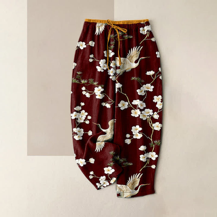 Buddha Stones Pantaloni da donna in puro cotone con elastico in vita e tasche, fantasia "Crane Plum Blossom". - Marrone sella - US16, UK/AU20, EU48 (3XL) - image 8