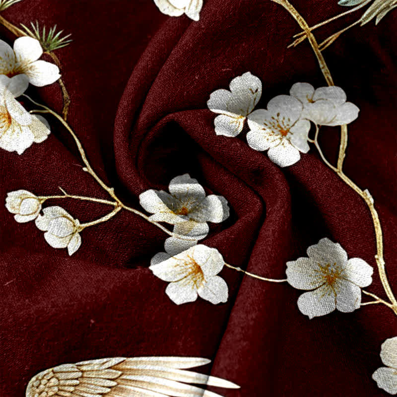 Buddha Stones Pantaloni da donna in puro cotone con elastico in vita e tasche, fantasia "Crane Plum Blossom". - image 11
