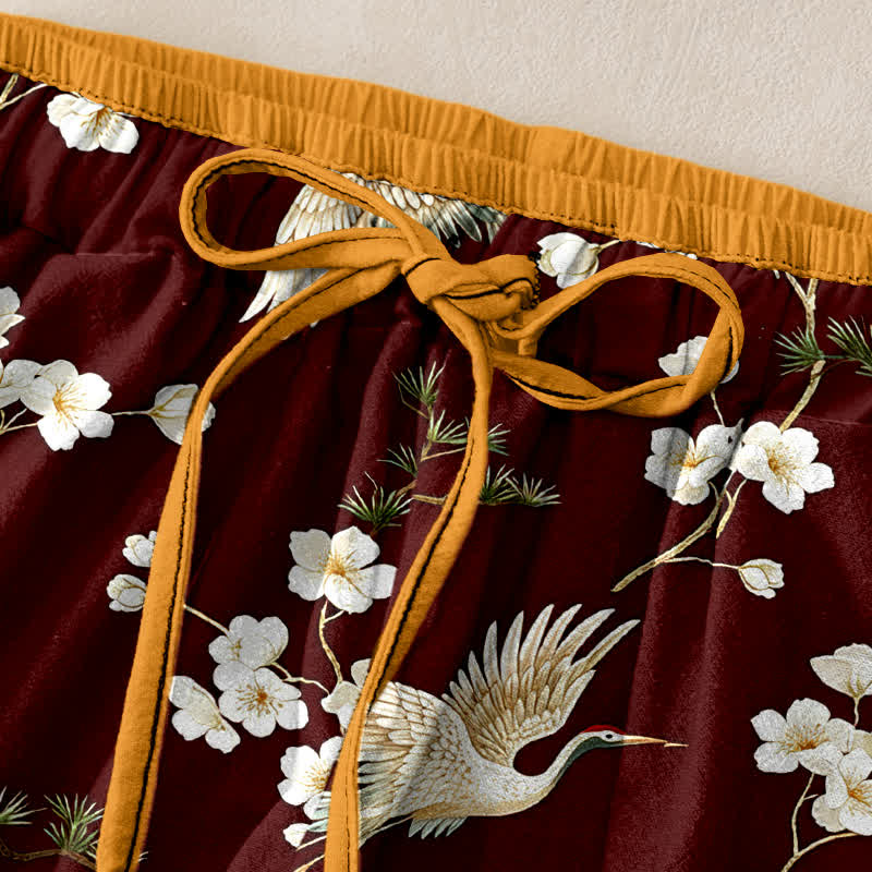 Buddha Stones Pantaloni da donna in puro cotone con elastico in vita e tasche, fantasia "Crane Plum Blossom". - image 9