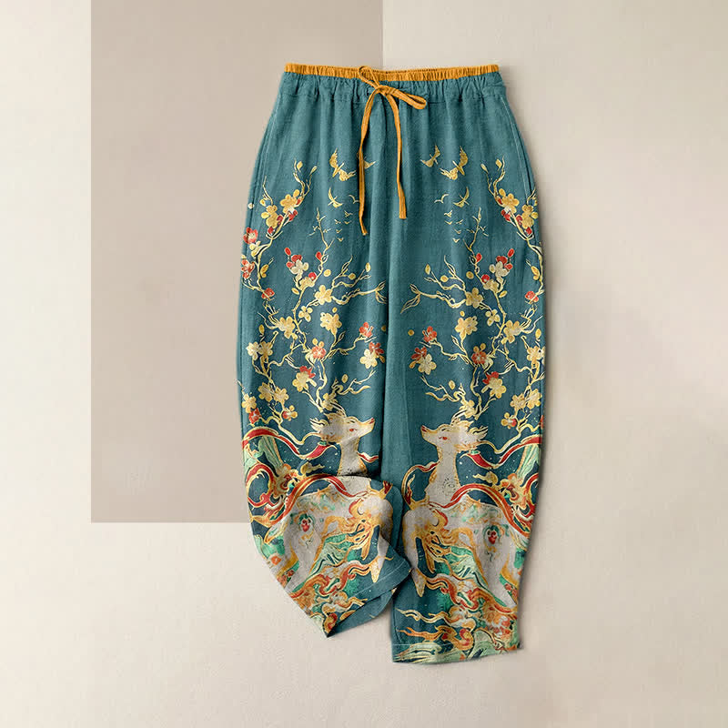 Buddha Stones Pantaloni da donna in puro cotone con coulisse e tasche, stampa di cervi e fiori di prugno. - Verde Mare Chiaro - US16, UK/AU20, EU48 (3XL) - image 3